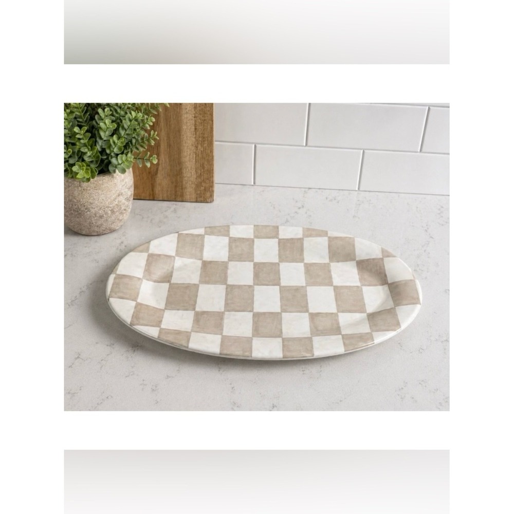 TAN CHECKERED Shiny 18x13" Melamine Oval Serving Platter Serve Tray Party NEW